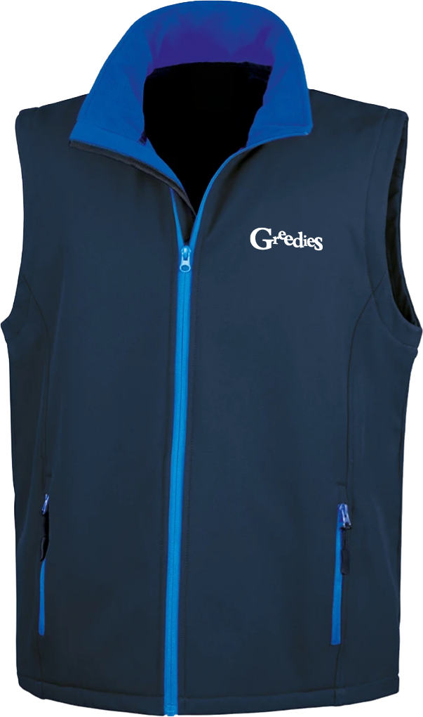 Greedies - Blue mens soft shell bodywarmer/gilet